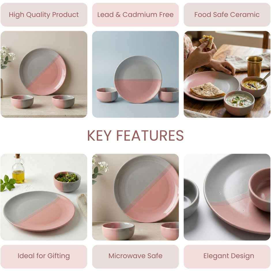 The Earth Store DT Grey Pink Dinner Set, 2 Full Plates 4 Vegetable Bowls