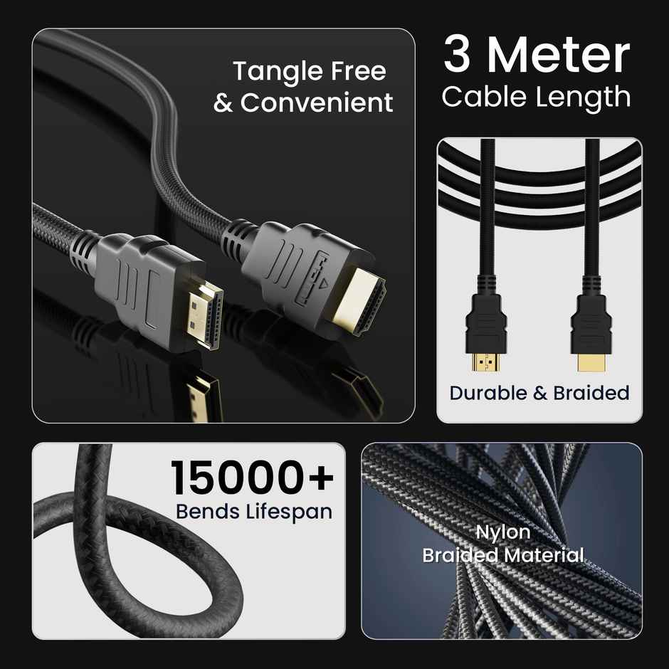 Ambrane (AHDMS-30) 3M High Speed HDMI Cable Supports 3D, 4K, ARC & CEC Extension, Gold Plated Connectors, Compatible with HDMI-Enabled TV, Set Top Box, Blu-ray, Gaming Consoles - Black