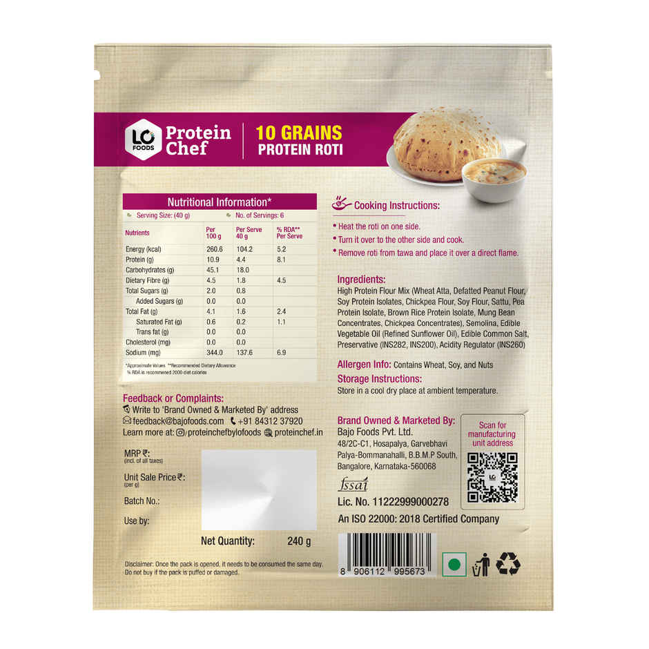 Protein Chef 10 Grains Protein Roti | Non Frozen Fresh Whole Wheat | Ready to Cook Chapati Combo 