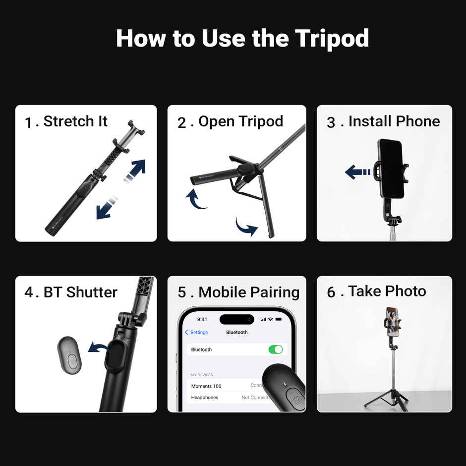 Zebronics Moments 100 Selfie Stick, Bluetooth Shutter Button for Android & iPhones, 360 Rotation