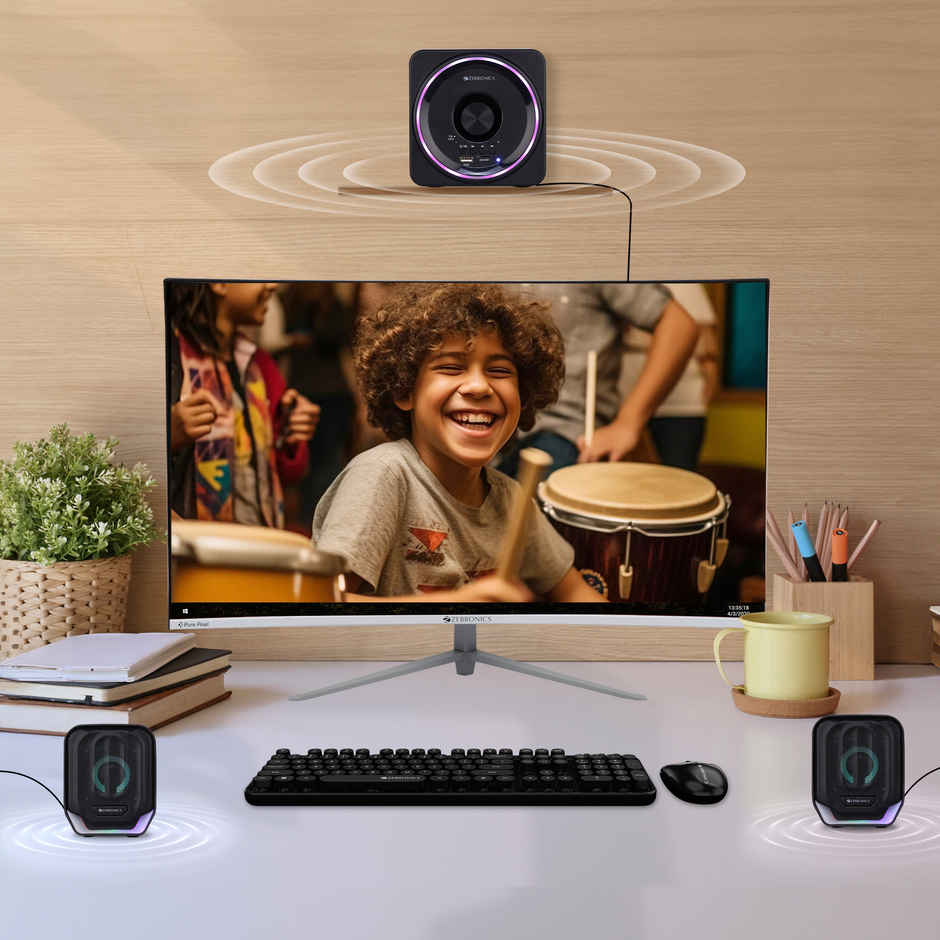 Zebronics Pluto 2, 2.1 Channel Speaker, 15W Output, BT 5.0, USB, mSD, FM, 3.5mm Jack Input, RGB - Black