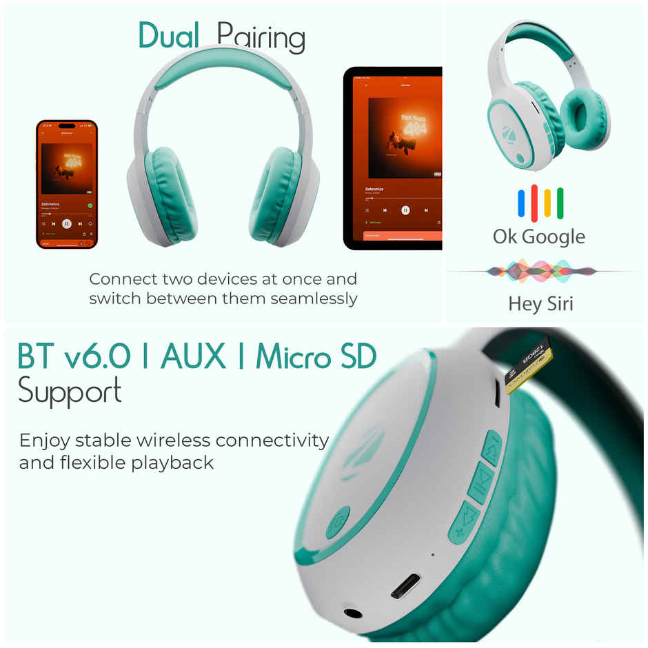 ZEBRONICS Thunder Bluetooth 5.3 Wireless Over Ear Headphones with 60H Backup, Gaming Mode, Dual Pairing, Enc, Aux, Micro Sd, Voice Assistant, Comfortable Earcups, Call Function - Sea Green