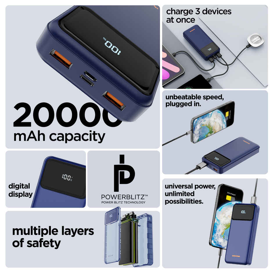Dubstep Powerblitz X4 22.5W 20000 mAh Fast Charging Power Bank with Type C & Dual USB A Port Blue
