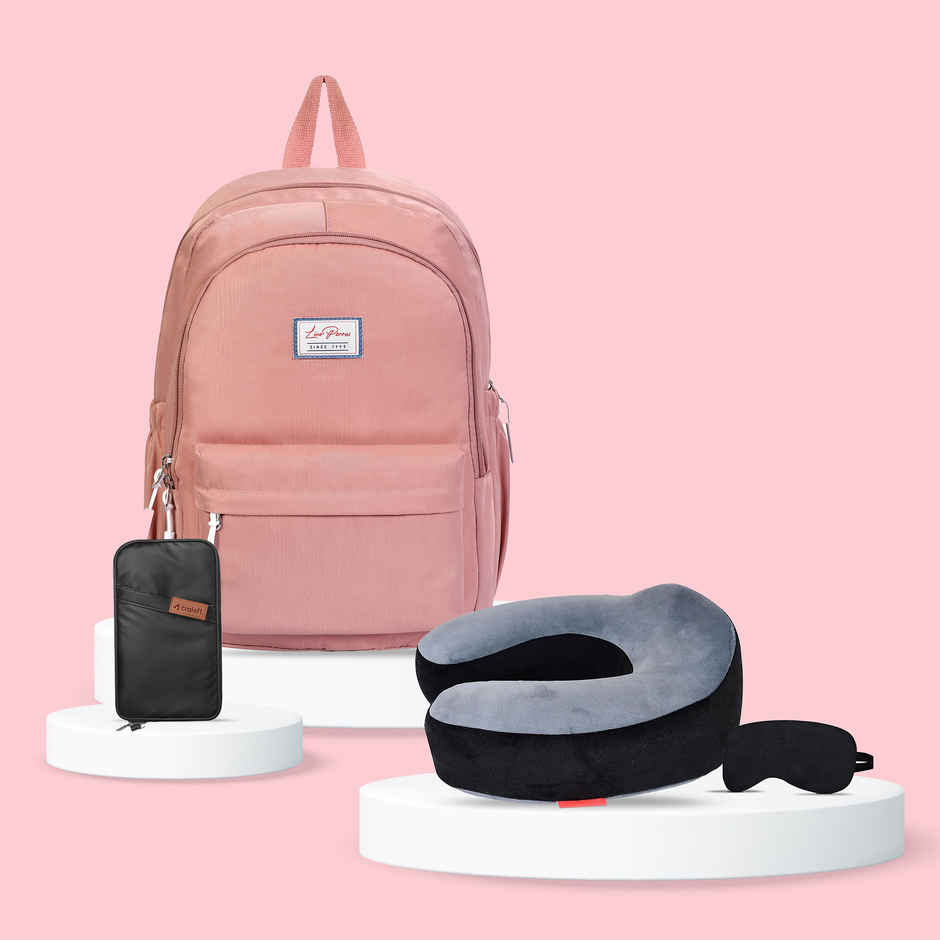 Lino Perros Pacman Pink Backpack (1pc) & Trajectory Travel Neck Pillow Memory Foam 3 In 1 Combo With Eye Mask And Carry Bag | Grey And Black (1pc) & Craloft Polyester Passport Holder Bag | Passport Wallet Pouch Cover | Unisex | Black (1pc) Combo