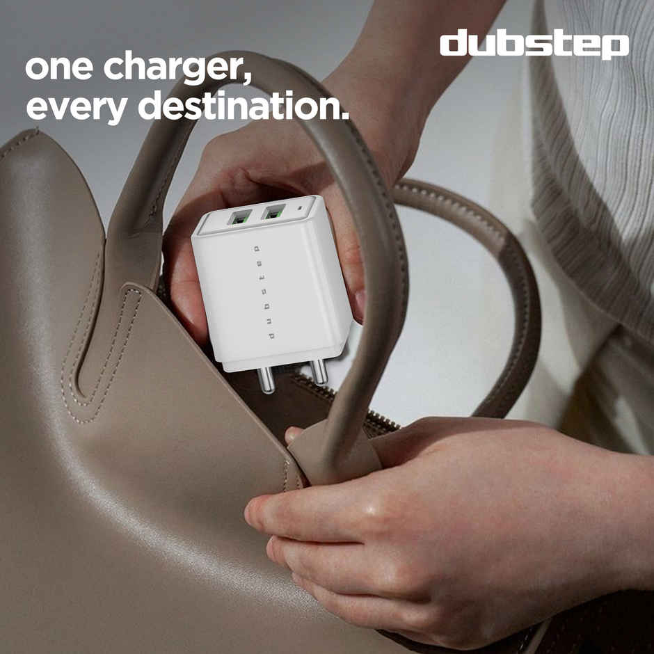 Dubstep Sprint 16W Dual USB Port Wall Charger with 1M Type-C Cable, Multi-Layer Smart Chip Protection, Fast Charging Adaptor for All iOS & Android Devices - White