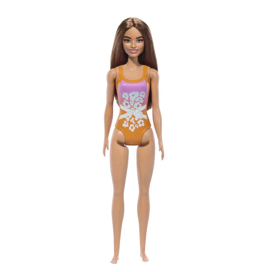 Mattel Barbie Beach Doll with Light Brown Hair, Pink and Orange One-Piece Swimsuit with Tropical Print