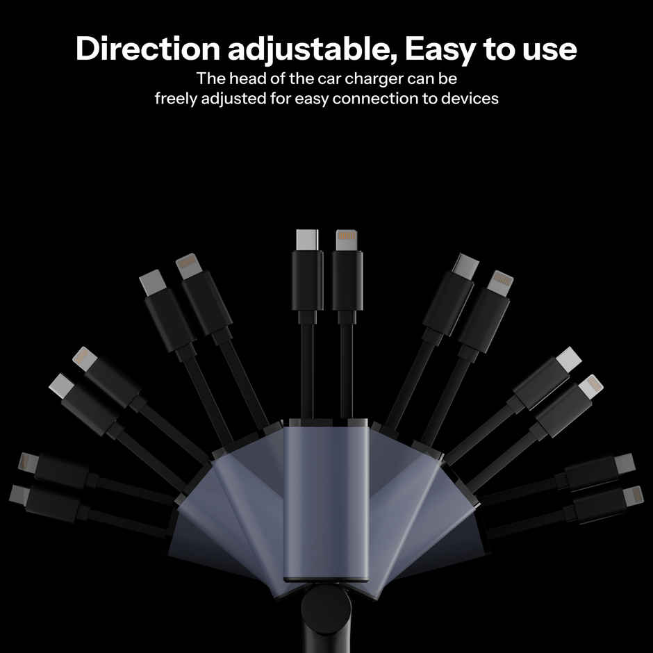 Ailkin 120W Retractable Car Charger 4-in-1 Fast Charger | USB-C & Lightning Cables | Dual USB Port