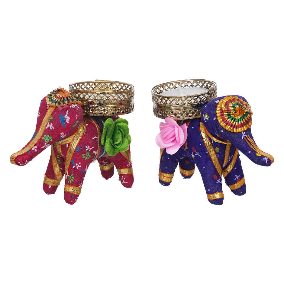 eCraftIndia Pink and Purple Elephant Decorative Tea Light Candle Holders | Set of 2