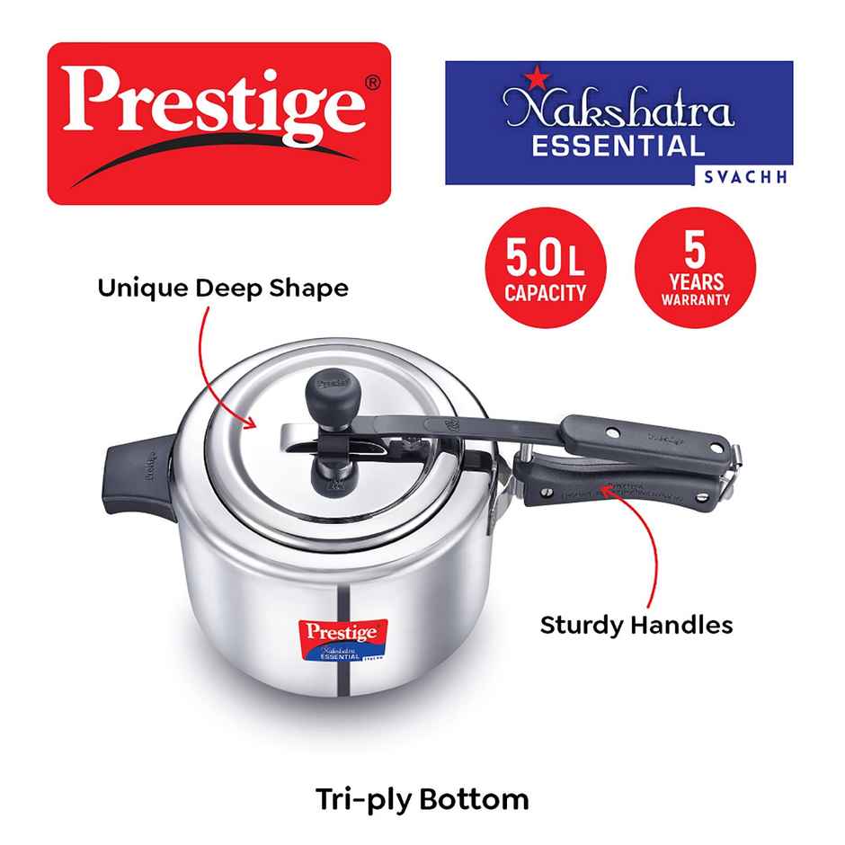 Prestige Nakshatra Essential Svachh SS Pressure Cooker 5Ltr,High Quality SS,Tri-Ply Bottom,Silver