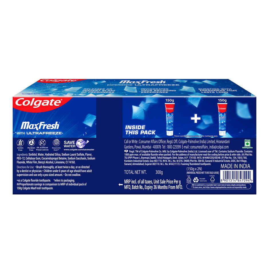Colgate MaxFresh Toothpaste, Blue Gel Paste with Menthol for Super Fresh Breath (Peppermint Ice, Saver Pack)