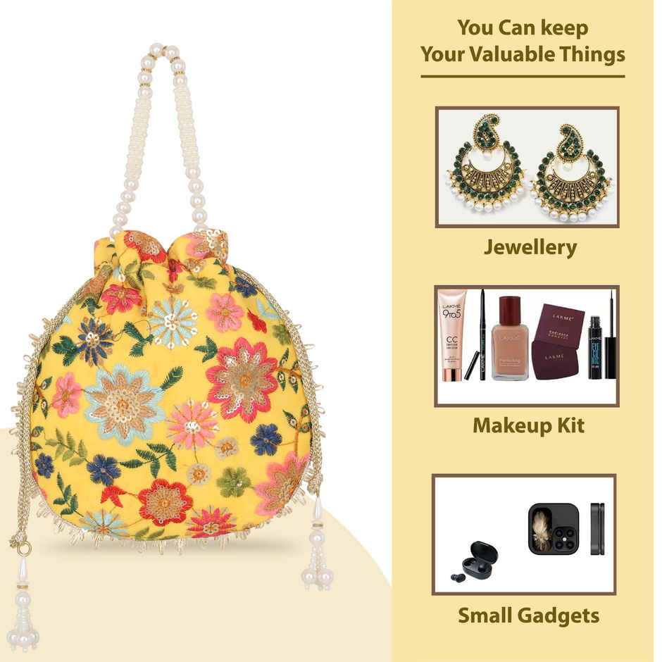 Lavie Women's Jiya Floral Embroidered Potli | Small | Ocher