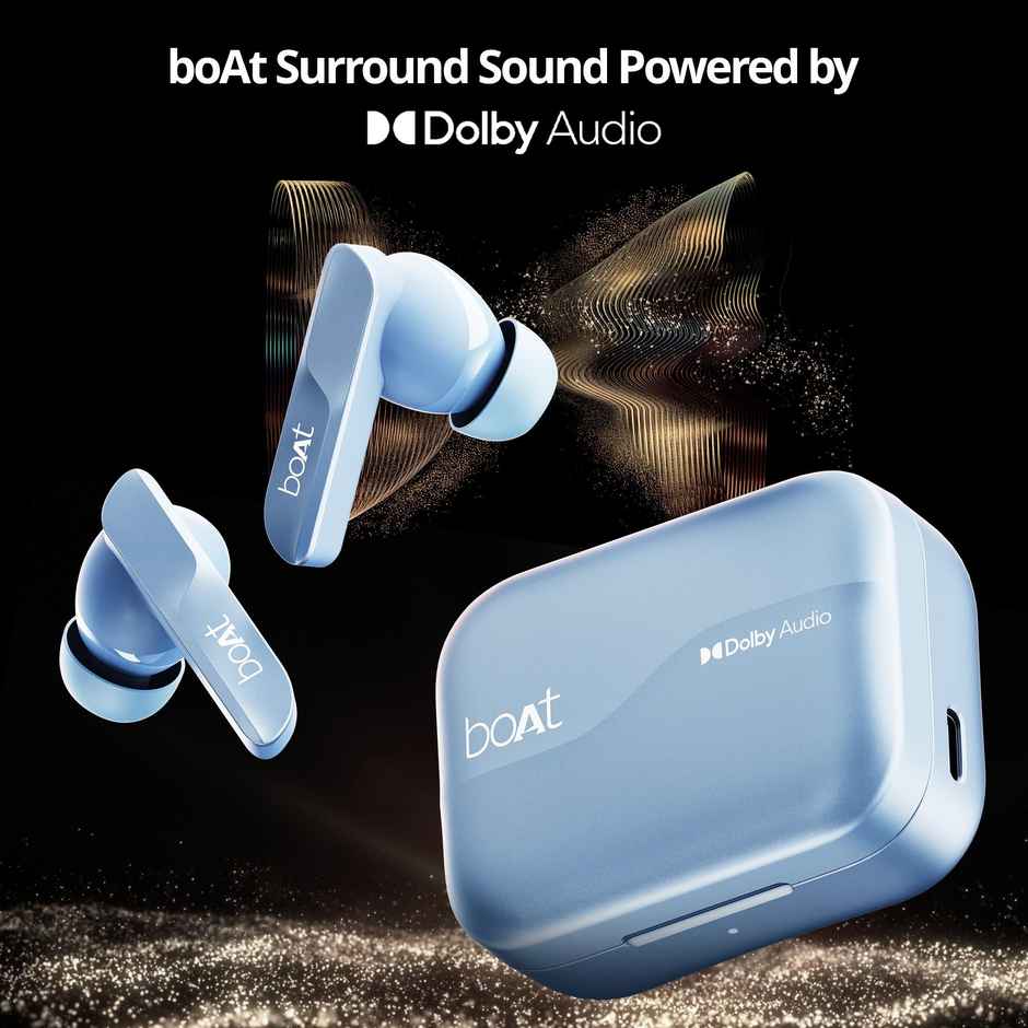 boAt Airdopes 800 TWS Earbuds with mic, Dolby Audio, Adaptive EQ by Mimi, 4Mics AI ENx, App Support, Fast Charge, Low Latency, IPX5, v5.3 Bluetooth - Interstellar Blue