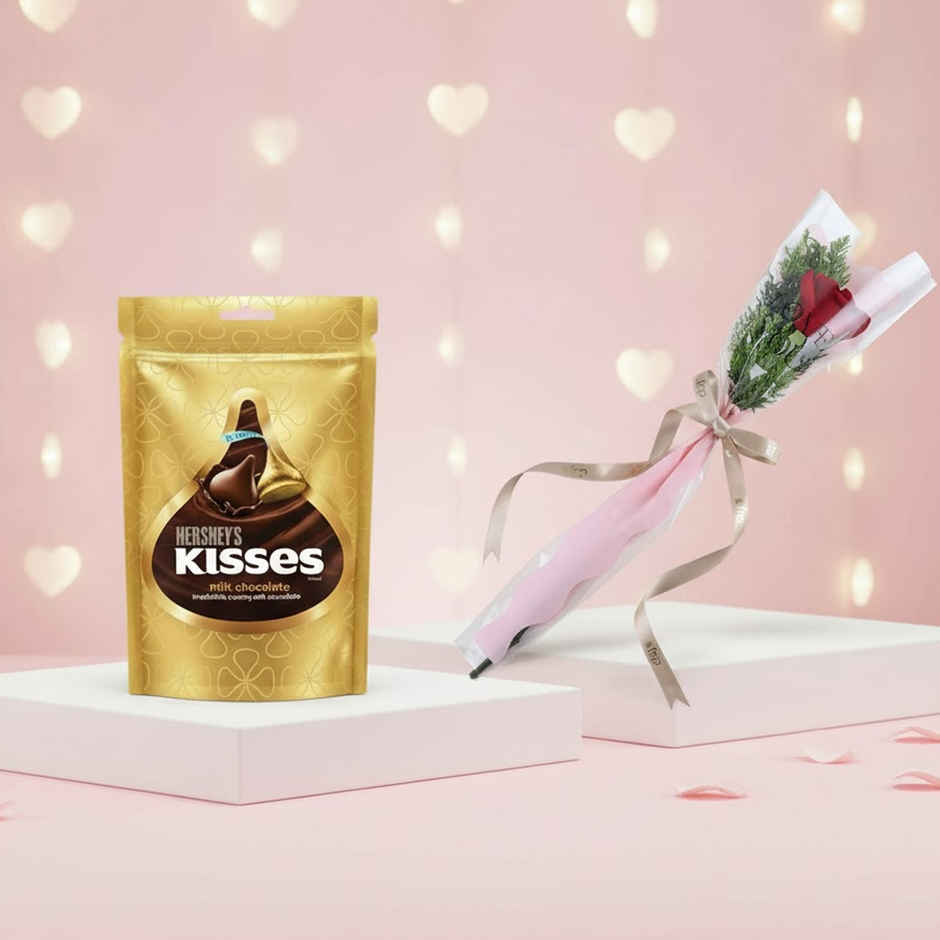 Hershey'S Kisses Milk | Chocolate Share Bag (36g) & Fnp Blush Romance Single Red Rose (1pc) Combo