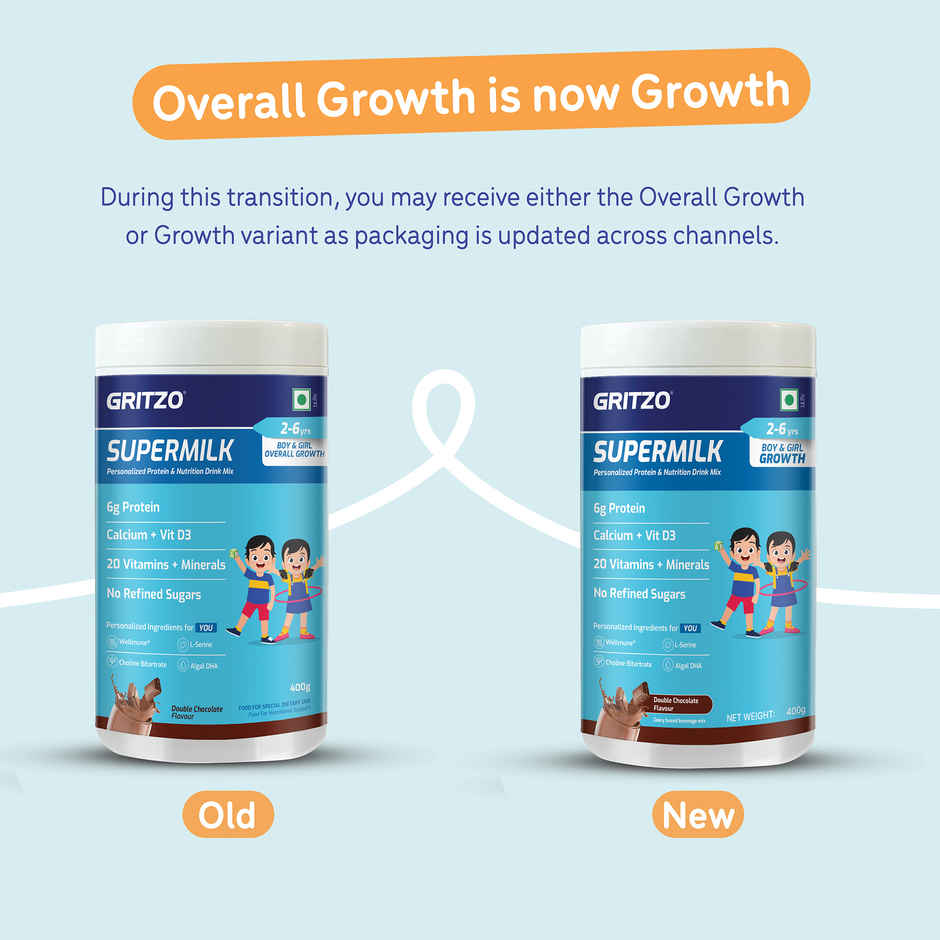 Gritzo Supermilk Overall Growth | 2-6y Boy & Girl | 6g Protein Powder | Double Chocolate