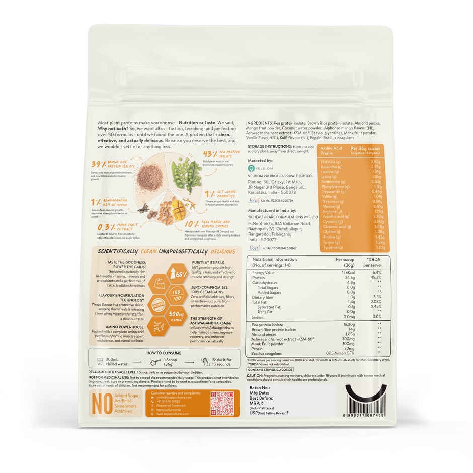 Happy Cultures Plant Protein| Alphonso Mango|24G Protein|Pea & Brown Rice Protein|Ahswagandha KSM66