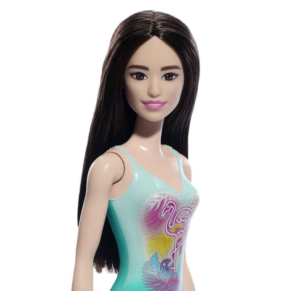 Mattel Barbie Beach Doll with Black Hair, Blue One-Piece Swimsuit with Tropical Print