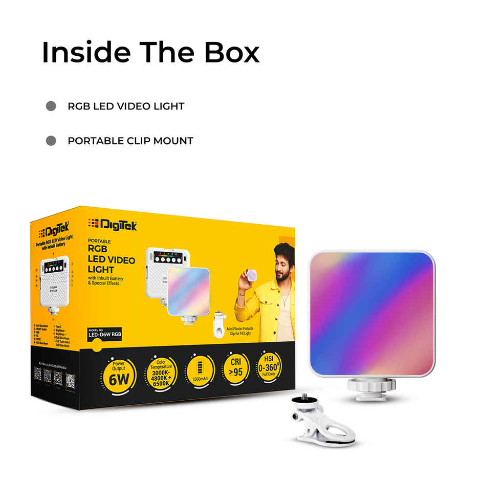 Digitek D6W RGB Mini LED Light ,| 3000, 6000K | HSI | FX Modes | USB-C | 2h Battery