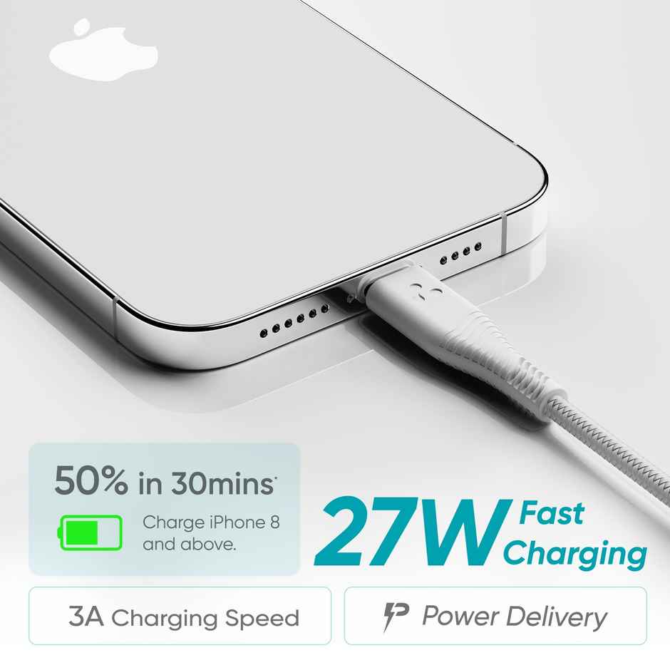 Ambrane Type-C to Lightning USB Cable | 1.25M | 22.5W Fast Charging | White