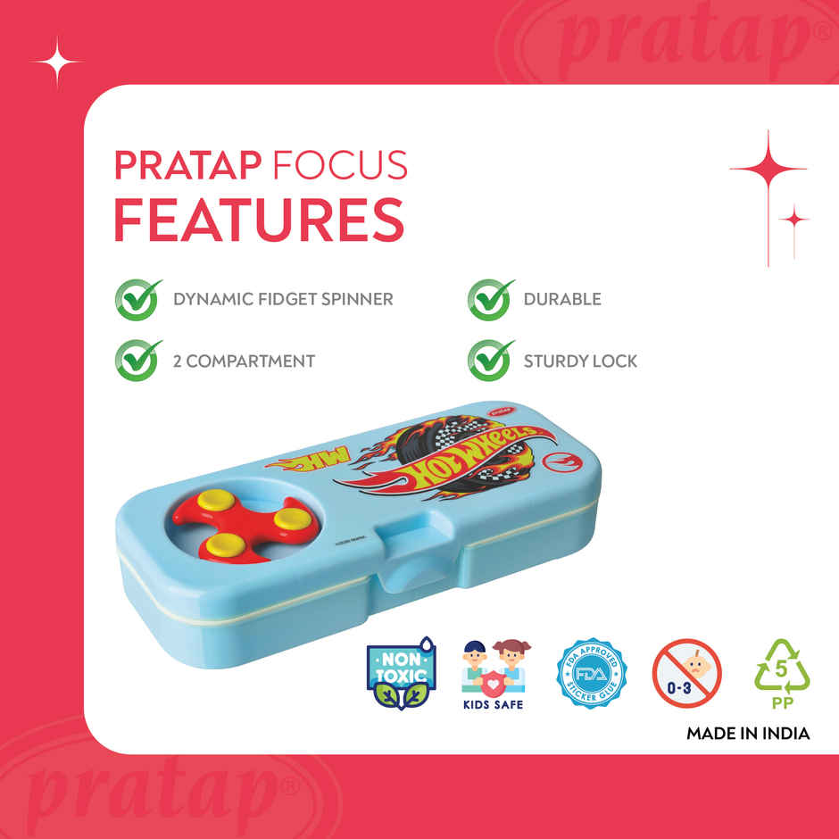 PRATAP Focus Pencil Box with Fidget Spinner Pencil Eraser Scale Sharpener Blue Hot Wheels