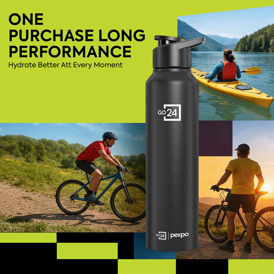 Go24 | Pexpo Stainless Steel Chromo Sports/Fridge Sipper Water Bottle | Knight Black | 1 L
