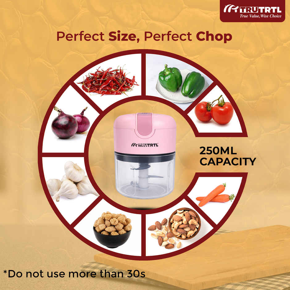 truTRTL Smart Electric Chopper | 1200 mAh Battery | Onion & Vegetable Cutter | Pink - 250 ml