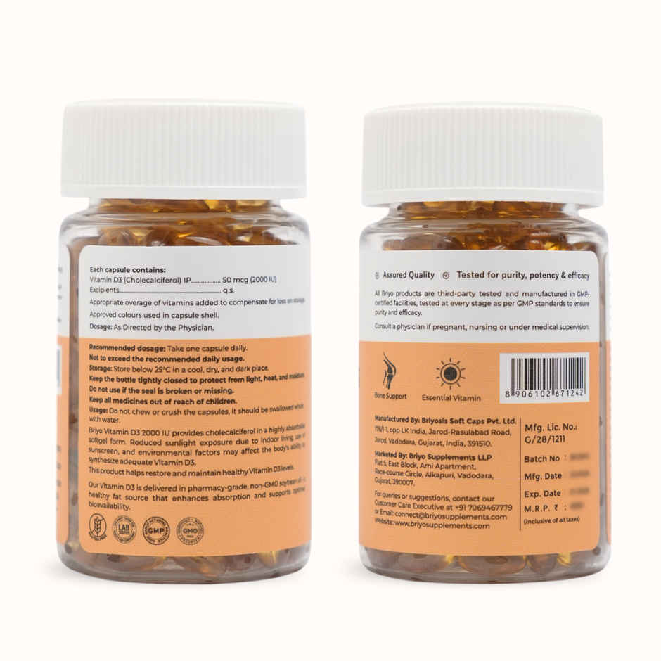 Briyo Vitamin D3 2000 IU 90 Softgels for Bone Health, Muscle Function and Immune Support
