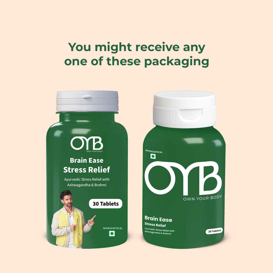 OYB Brain Ease Stress Relief with Ashwagandha & Brahmi for Calm Mind, Focus & Anxiety | 30 Tablets
