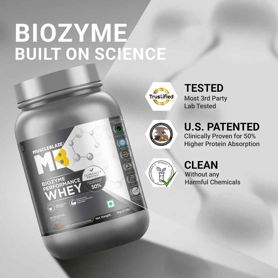 Muscleblaze Biozyme Performance Whey Protein Powder (Rich Chocolate) (1kg) & Muscleblaze Pre Workout Wrathx, | Fruit Fury, 20 Servings (340g) Combo