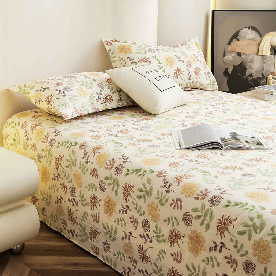 Story@home 210 TC Cotton Blend King Size Floral Flat Bedsheet with 2 Pillow Covers|Off White, Yellow