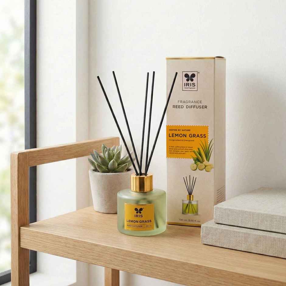 IRIS Lemongrass Frosted Glass Reed Diffuser Set | Oil and 5 Fibre Reed sticks