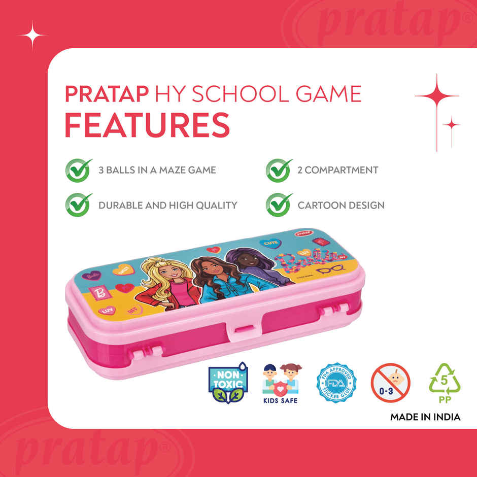 PRATAP Hy School Game Pencil Box 3 Balls in a Maze Game 2 Compartment DPink LPink Barbie
