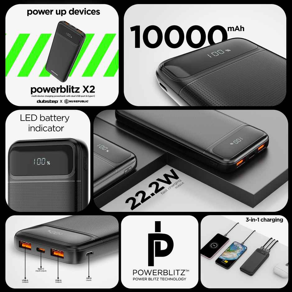 Dubstep Powerblitz X2 10,000 mAh with Dual USB Port & Type-C Multi Device Charging Powerbank (Black)