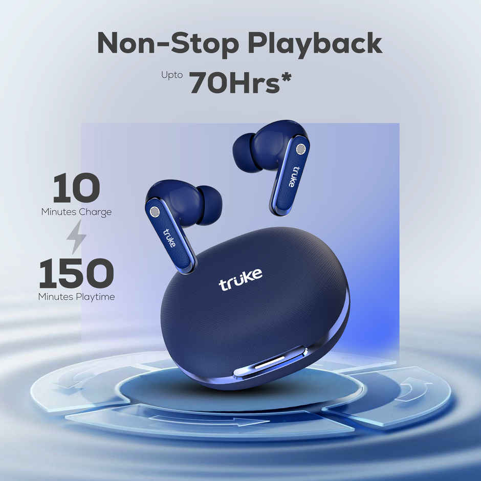 Truke Mega 12 Buds with 70H Playtime Leather Textured Finish Spatial Audio 13mm Drivers Indigo Blue