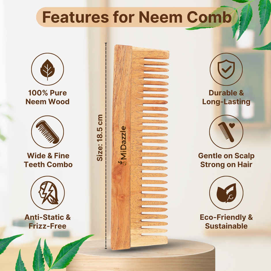 Midazzle Organic Kacchi Neem Wooden Shampoo Comb Wide Tooth | MINC2103