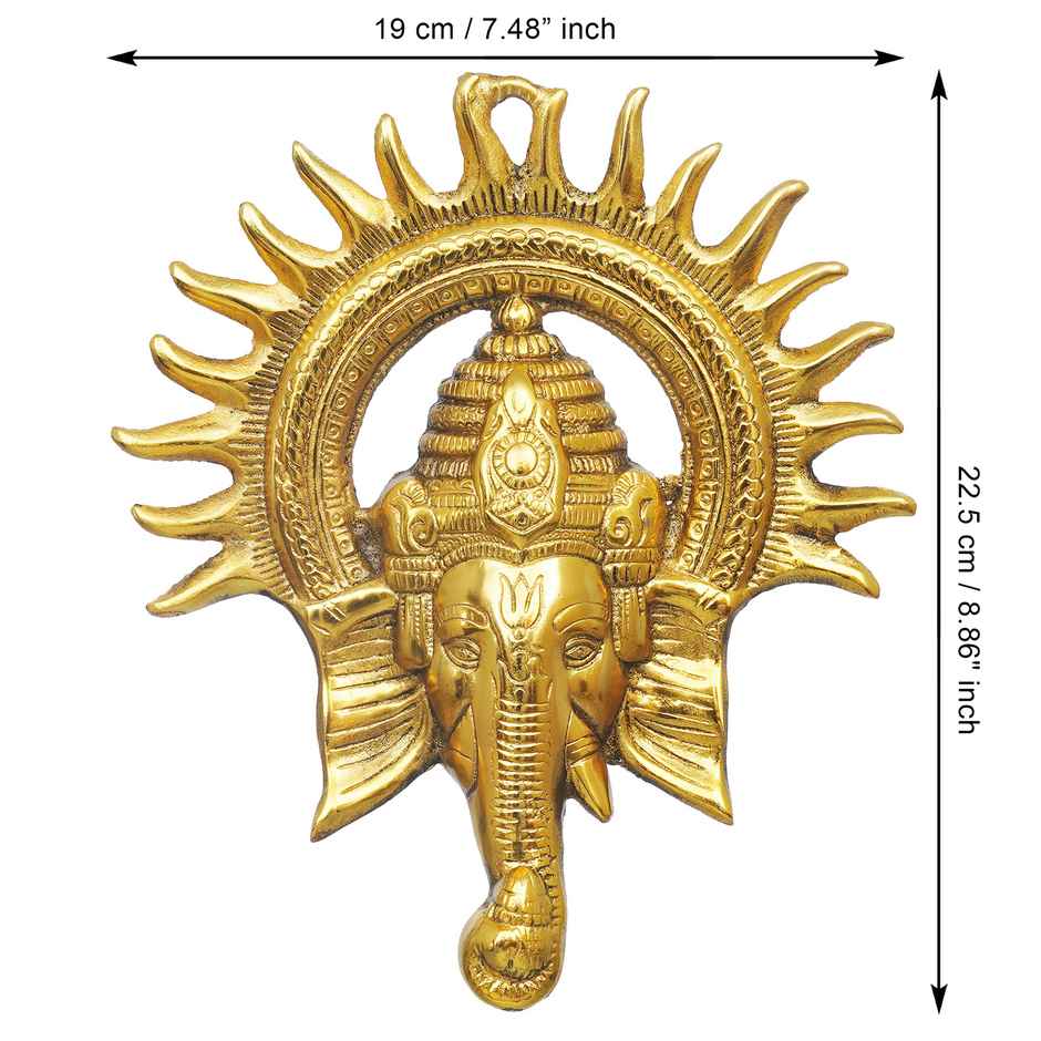Golden Lord Ganesha Face With Sun Decorative Metal Wall Hanging Showpiece | Ecraftindia