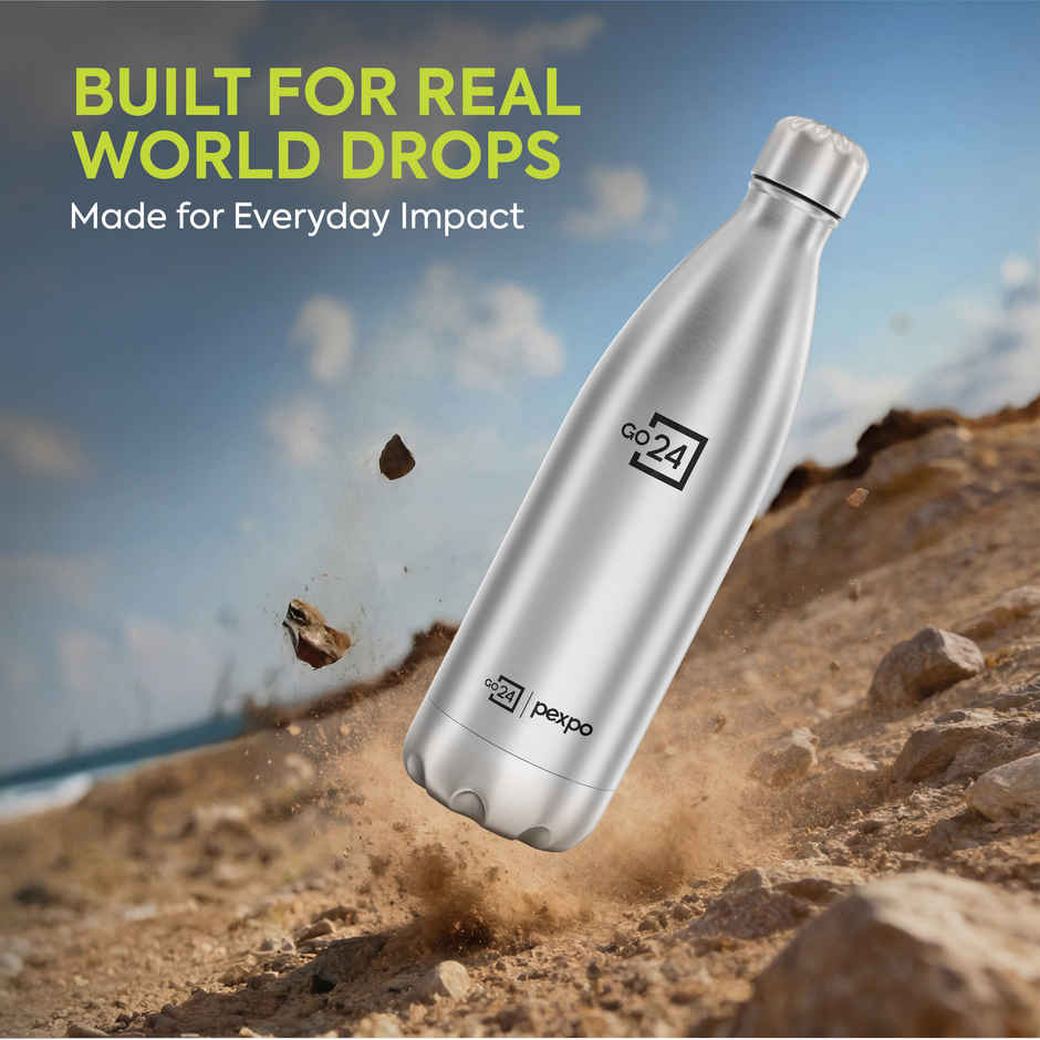 Go24 Electro Stainless Steel Thermos Bottle | Silver | Leakproof | 3-Layer Insulation