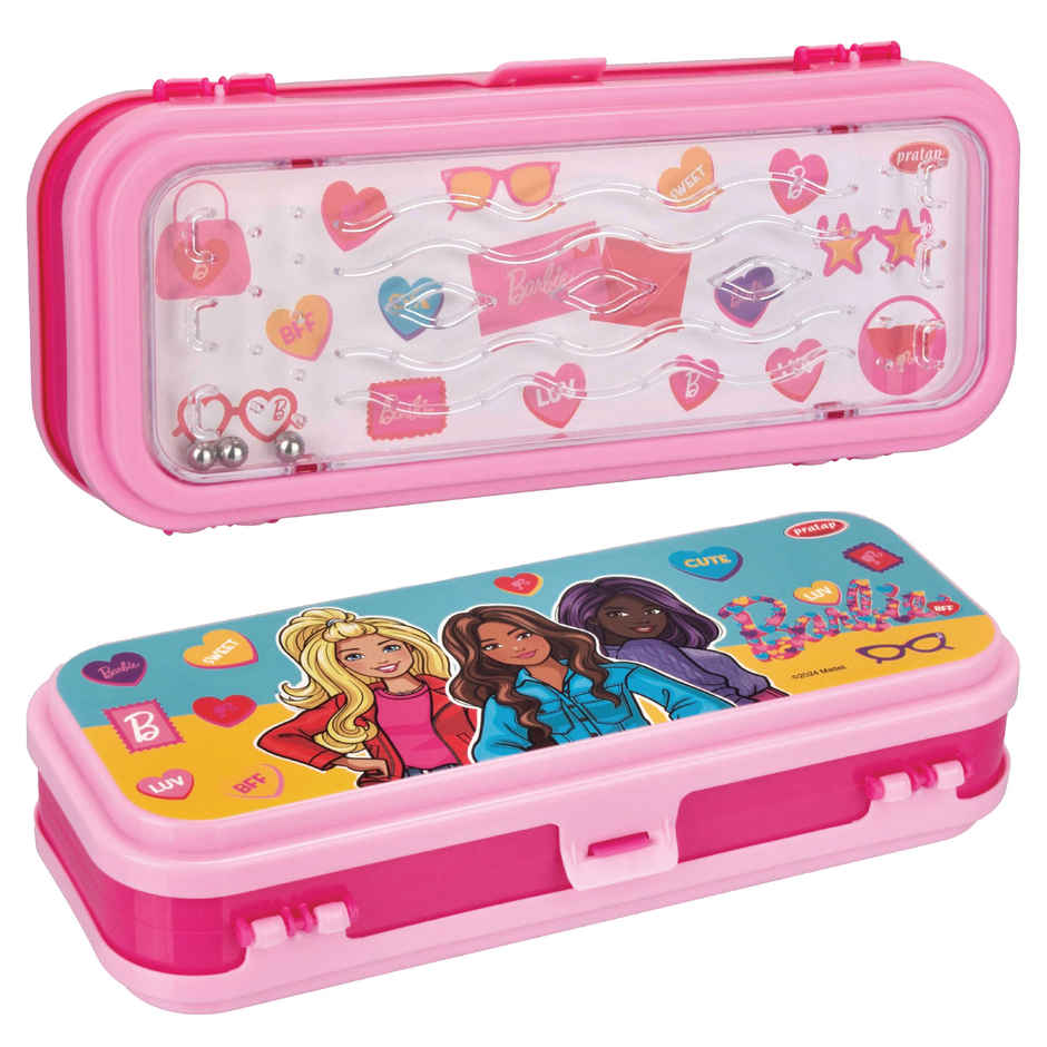 PRATAP Hy School Game Pencil Box 3 Balls in a Maze Game 2 Compartment DPink LPink Barbie