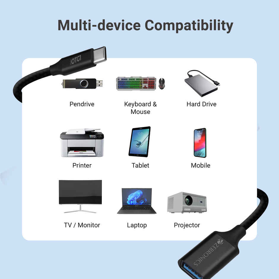 Zebronics OTG1 Type C to OTG Connector with Male Type-C 3.1 Gen 1, Female USB 3.0 5Gbps, 15cm Braided Cable, Metal Body, Sleek Design, for Smartphones, Tablets & Laptops - Black