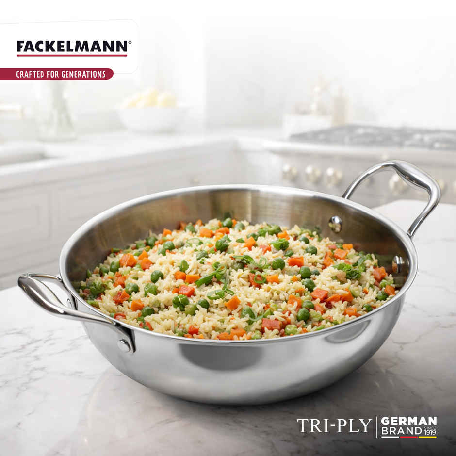 Fackelmann 2.5 Liter Kadai 24 CM, Triply | German Quality | Energy-Efficient | Non-Toxic | Versatile Cookware | Hassle-Free Maintenance | Triply Stainless Steel kadai | Kadai for Cooking