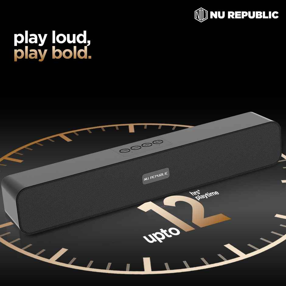 Nu Republic Soundbar 20 Bluetooth Soundbar with X-Bass Technology, 52mm Dynamic Drivers, Upto 12 Hrs Playtime, 20 W Output, Aux/USB Port, 5.0 Channel - Black