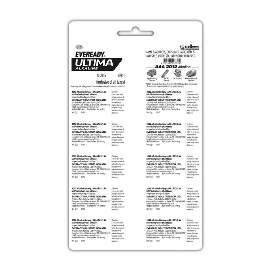Eveready Ultima Alkaline AAA Battery, 400% Longer Lasting|Pack of 10
