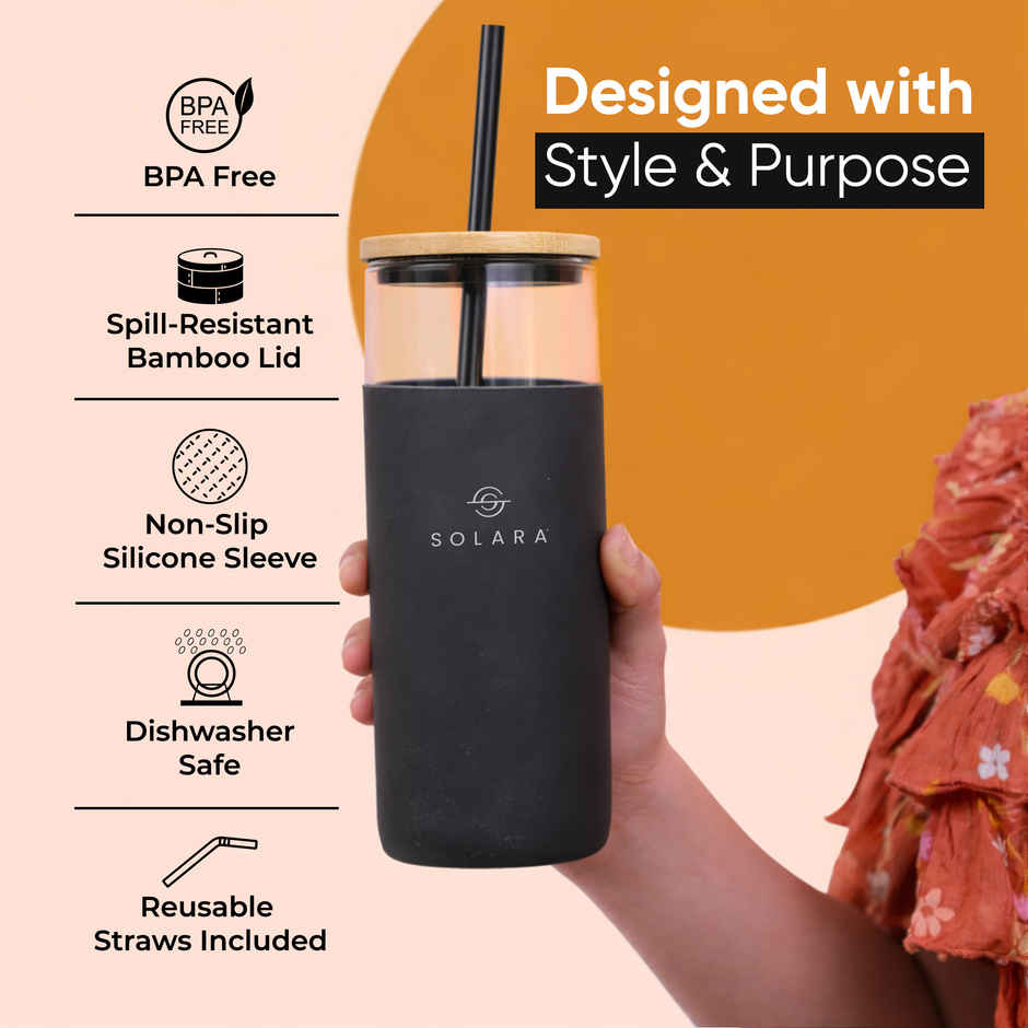 Solara Black Knight Glass Tumbler | 500 ml | Bamboo Lid, Silicone Straw & Silicone Sleeve | For Coffee