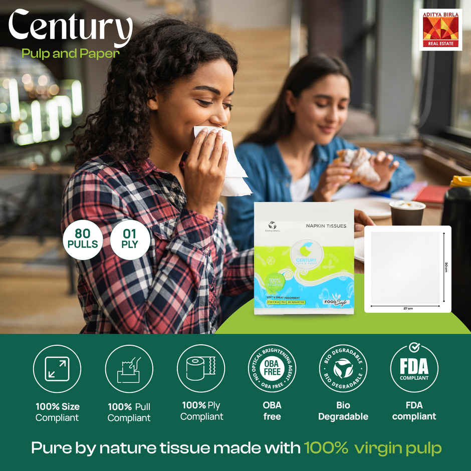 Century 1 Ply 100% Virgin Pulp Tissue Paper Napkins 80 Pulls - 27x30 cm