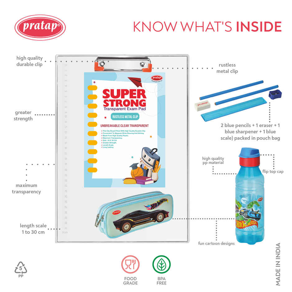 PRATAP Hot Wheels Super Strong Exam Pad Set With 500Ml Bottle ,Stationery, Double Zip Pouch(Blue)