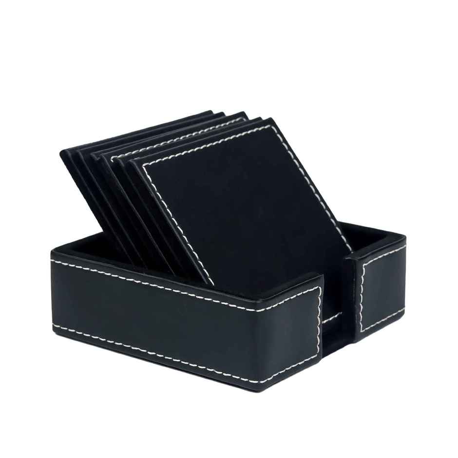 Birch & Co. Leather Coaster | Black Coaster Set of 6 with Holder