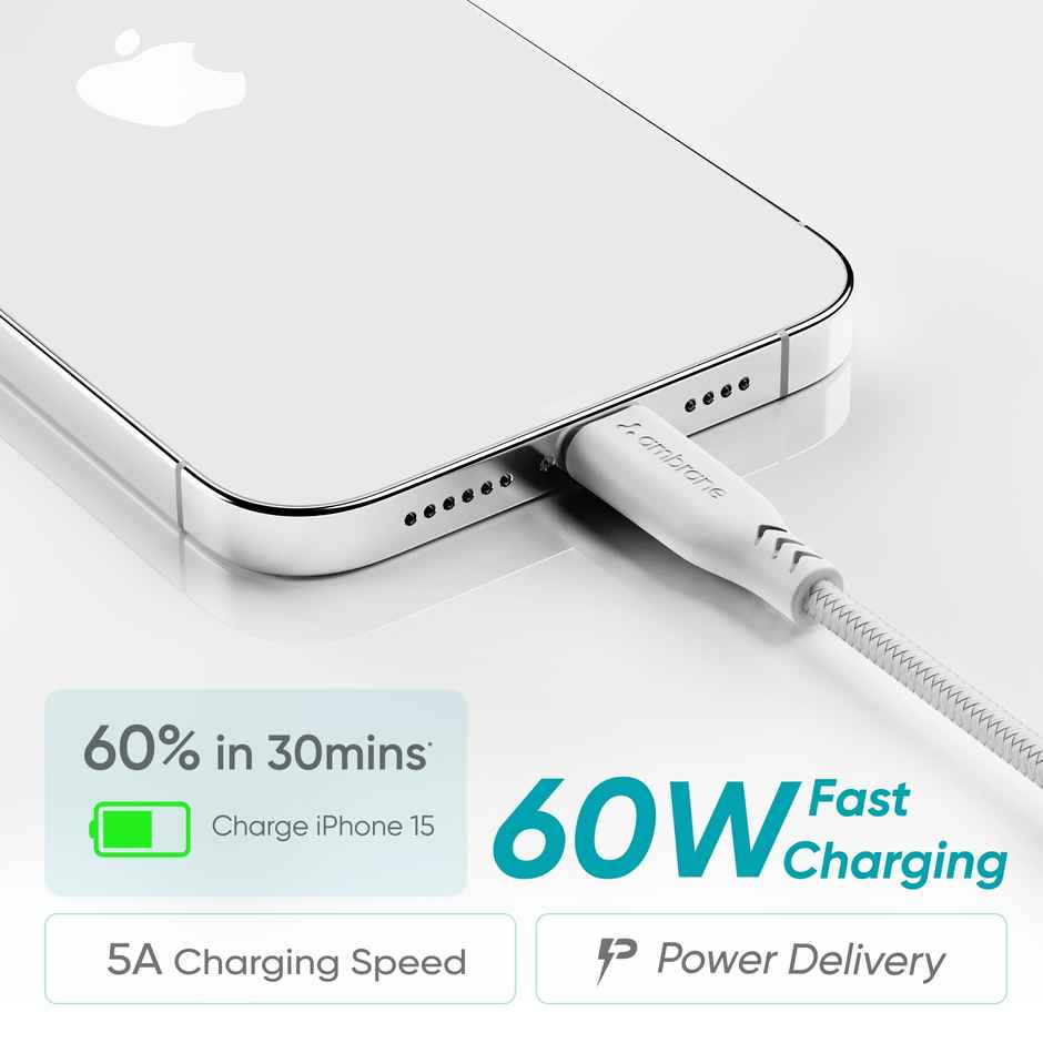 Ambrane Unbreakable 60W Fast Charging 1.5M Braided Type C to Type C Cable | White