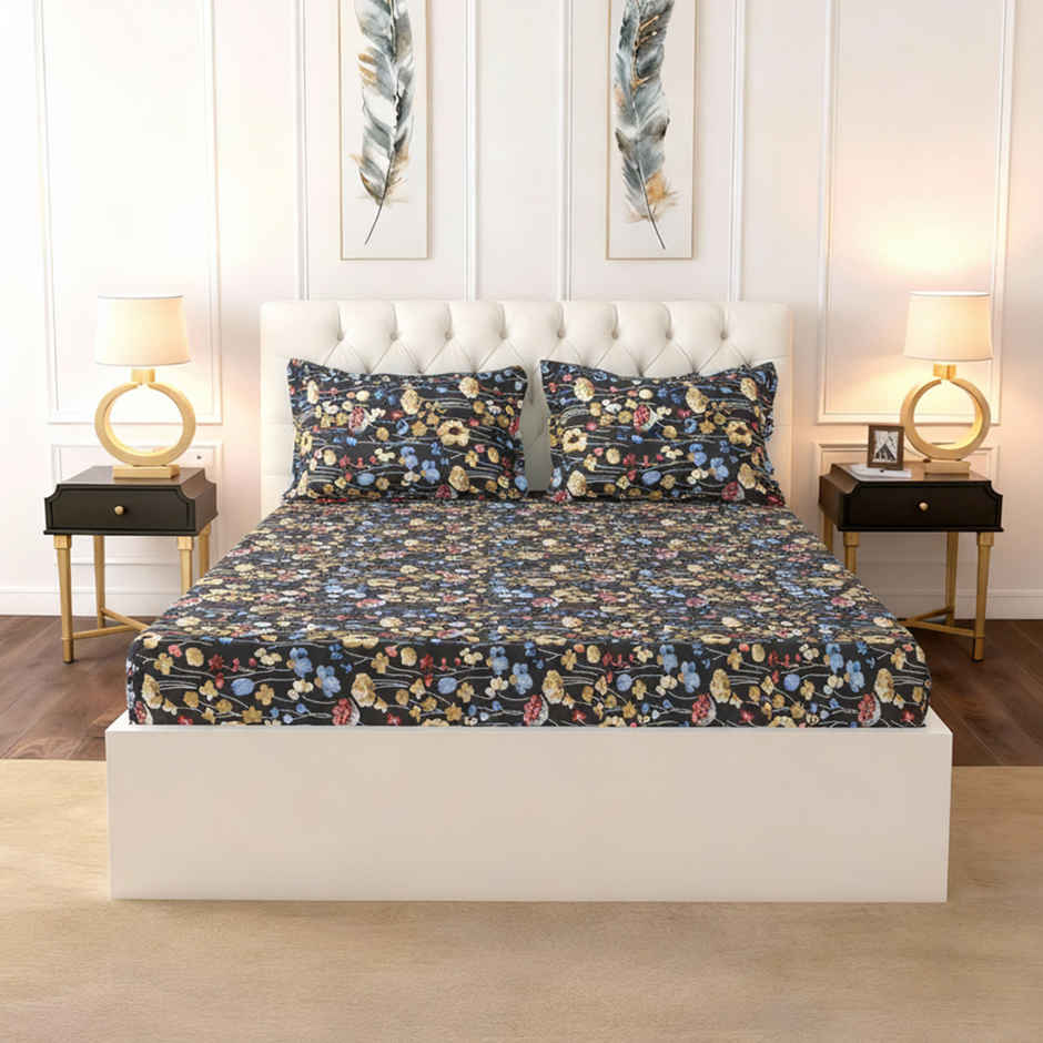 Raymond Home 120 GSM Hazel Floral Double Bedsheet with 2 Pillow Covers Black