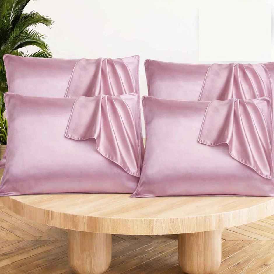 Casacraft by Pepperfry Pink Solid 400 TC Silk 4 Pillow Covers With 6 Scrunchies Free