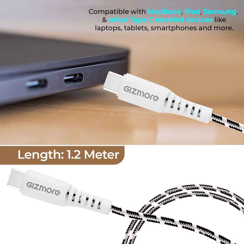 Gizmore (WCC65) 65W Type C To Type C Fast Charging Cable For Smartphones and Laptops, 1M, Premium Braided - Black & White