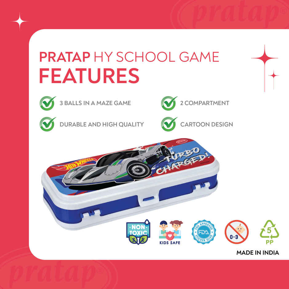 PRATAP Hy School Game Pencil Box 3 Balls in a Maze Game | 2 Compartment | Blue & White | Hot Wheels